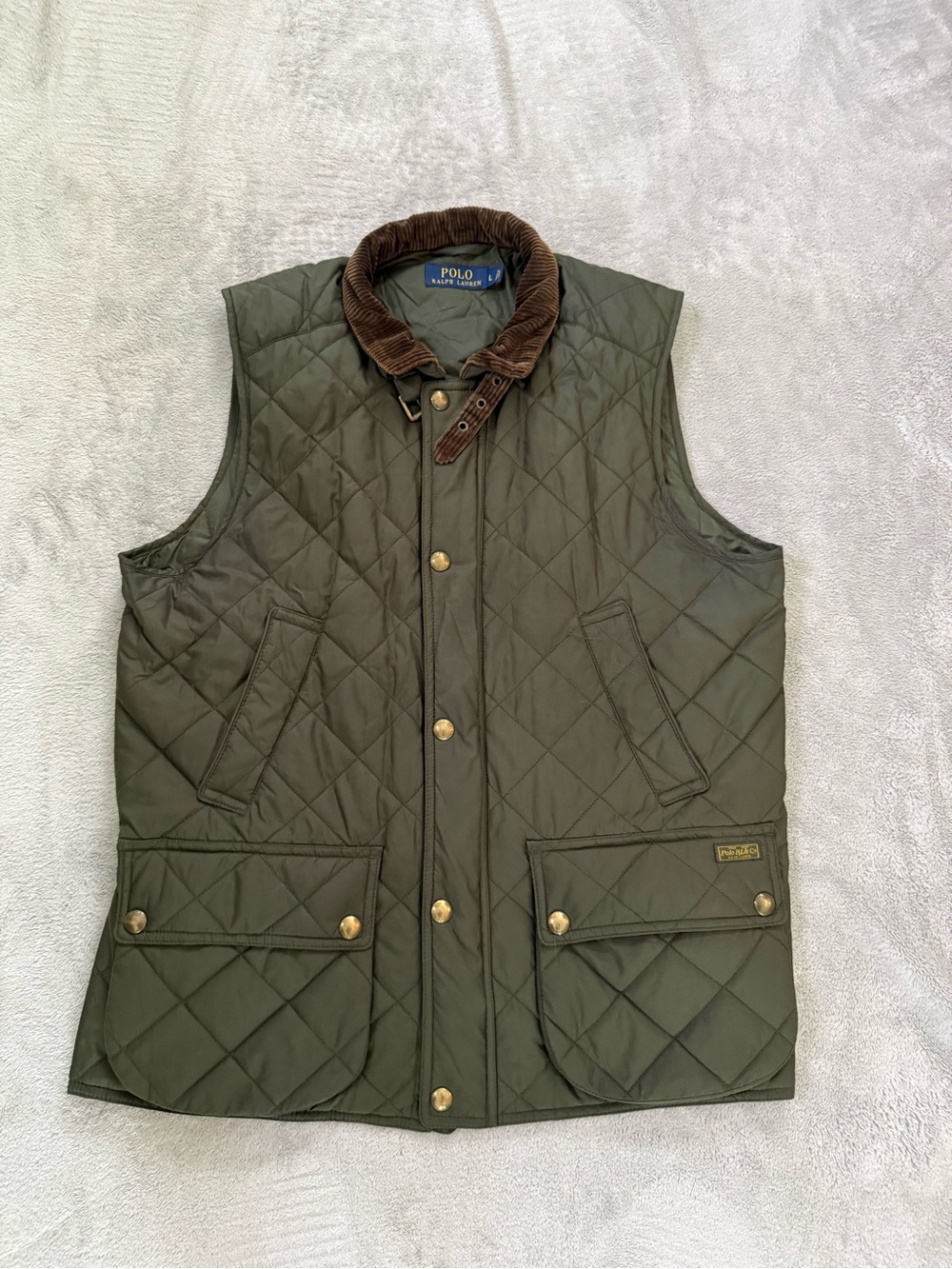 Polo by Ralph Lauren Quilted Olive Green Vest with Brown Corduroy Collar